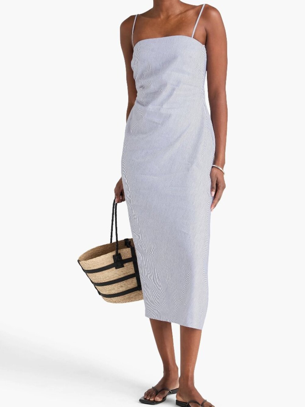 New Vince Ticking Stripe Linen-Cotton Detachable Straps Iris Slate Midi Dress 8
